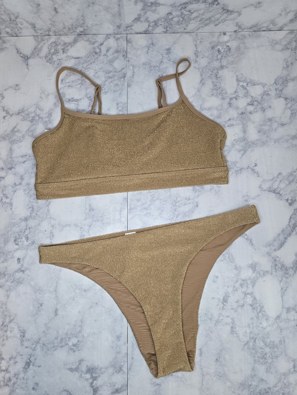 Aerie Gold Sparkle Two-Piece Bikini Straight Scoop Top Cheeky Bottoms XL
